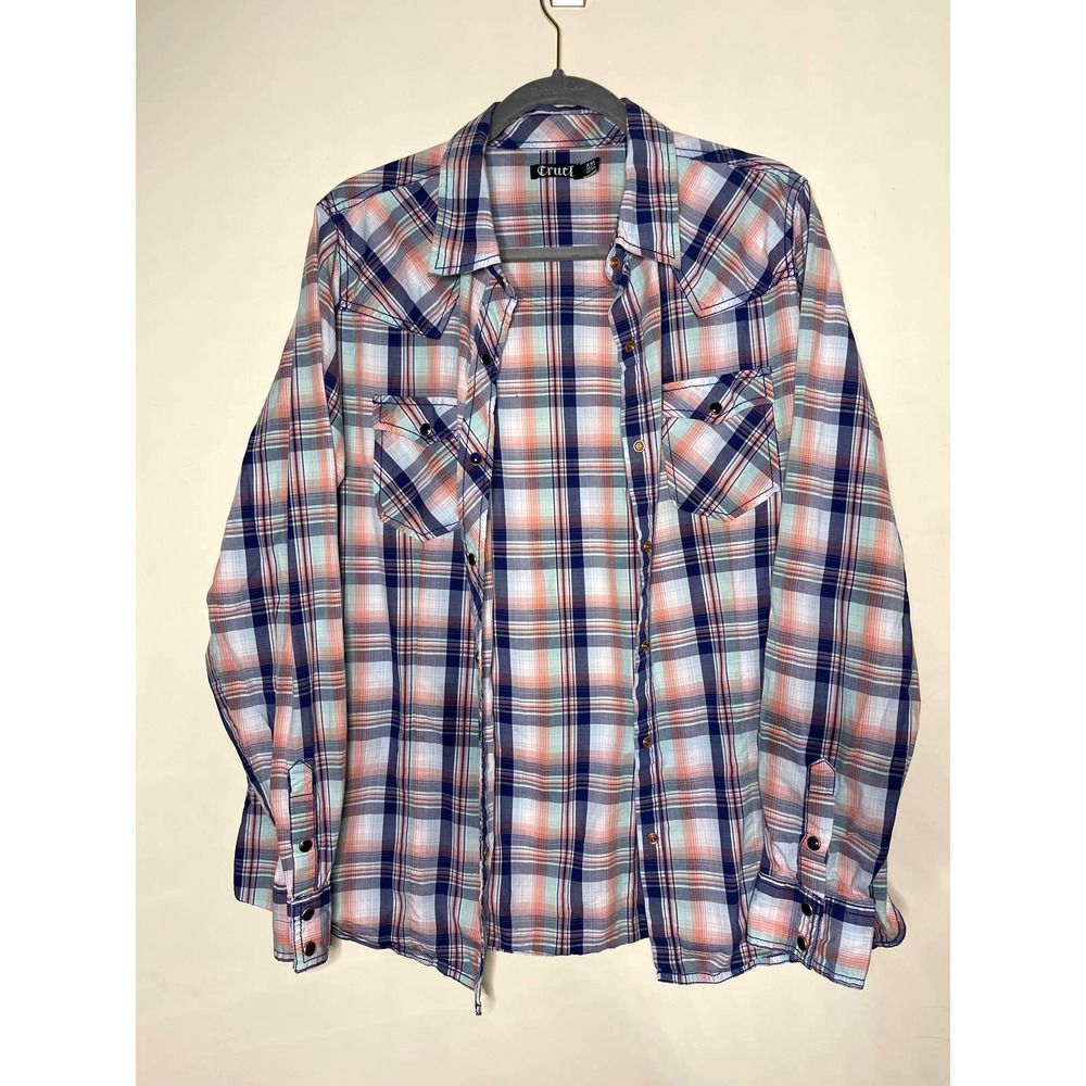Cruel Western Wear Mens Blue Button Snap Plaid XXL Long Sleeve Button Front Top - Picture 1 of 6